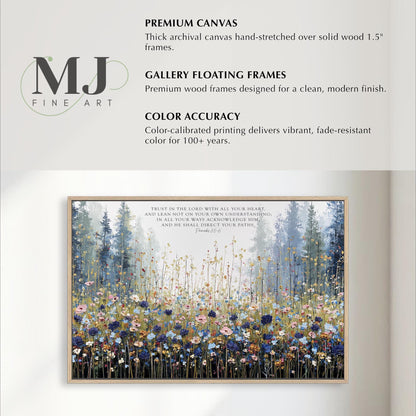 The image is a painting of a field of flowers with tall trees in the background. The painting is framed and appears to be a fine art piece.