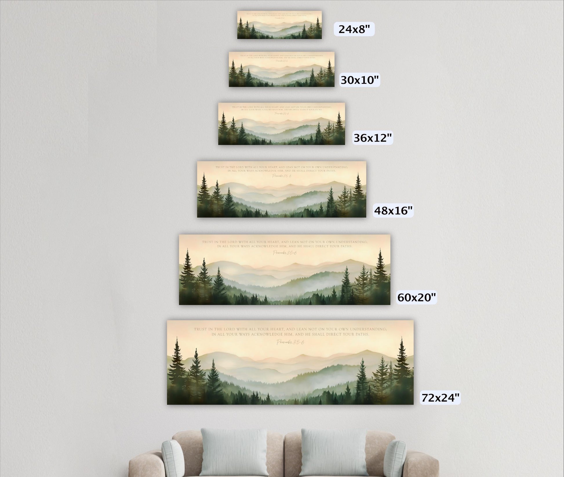 The image is a series of five landscape paintings depicting mountains and pine trees, each with a different size. The paintings are arranged in ascending order, starting from the smallest to the largest.
