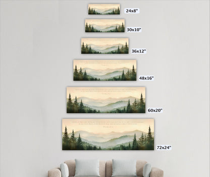 The image is a series of five landscape paintings depicting mountains and pine trees, each with a different size. The paintings are arranged in ascending order, starting from the smallest to the largest.