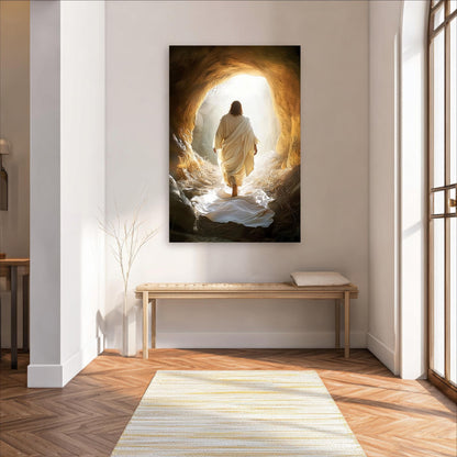 a person walking through a cave with a bright light at the end, creating a sense of mystery and wonder.