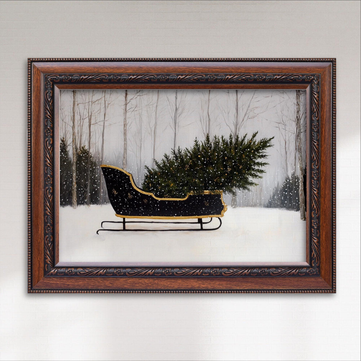 A black sled carrying a large evergreen tree is depicted in a snowy forest setting, framed in an ornate brown frame.