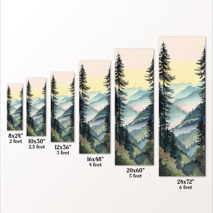 a series of landscape paintings or prints, each depicting a mountain scene with pine trees. The paintings vary in size, ranging from 8x24" to 20x60", and are arranged in a row, showcasing different perspectives and dimensions of the mountain landscape.