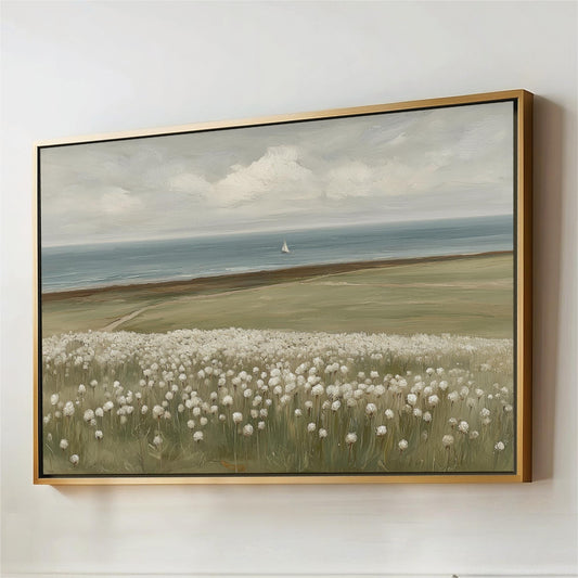 The image is a painting of a field with white flowers, depicting a serene landscape with a sailboat in the distance over a body of water.