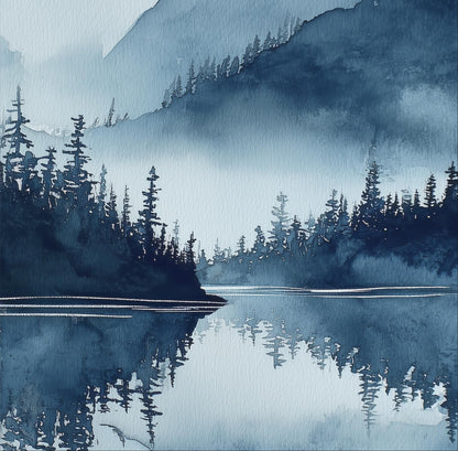 a serene landscape with a lake surrounded by a forest of tall, dark-colored trees. The trees are reflected in the calm waters of the lake, creating a mirror-like effect. The overall scene conveys a sense of tranquility and natural beauty.