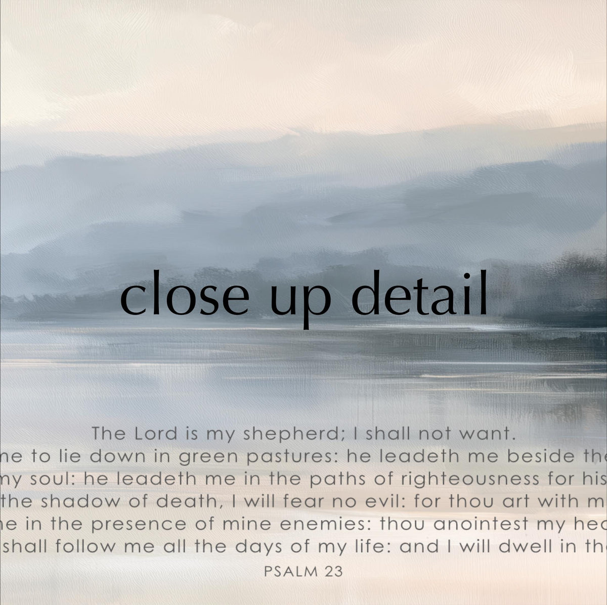 The image is a close-up of a text overlay on a water-themed background, featuring a Bible verse from Psalm 23.