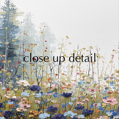 The image is a close-up of a vibrant and colorful wildflower meadow, with a variety of flowers in shades of pink, blue, yellow, and green.