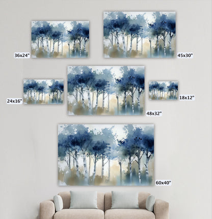 a collection of six landscape paintings depicting a serene forest scene with tall trees and a hazy, blue-toned atmosphere. The paintings vary in size, with some being 36x24 inches and others 45x30 inches. The artworks are displayed on a wall, and a couch is positioned in the foreground, creating a cozy and inviting setting.