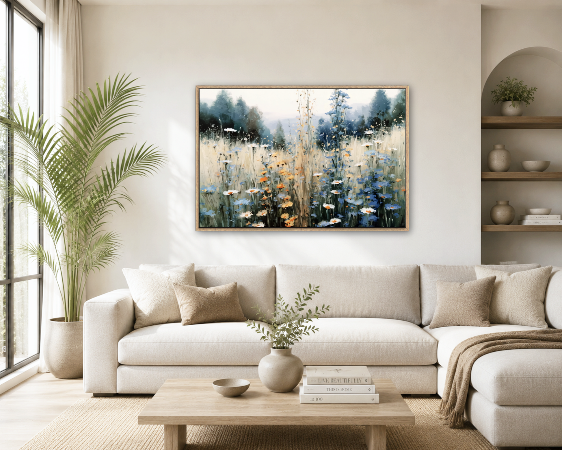 a cozy living room with a large white sofa, a wooden coffee table, and a framed painting of a field of flowers hanging on the wall.