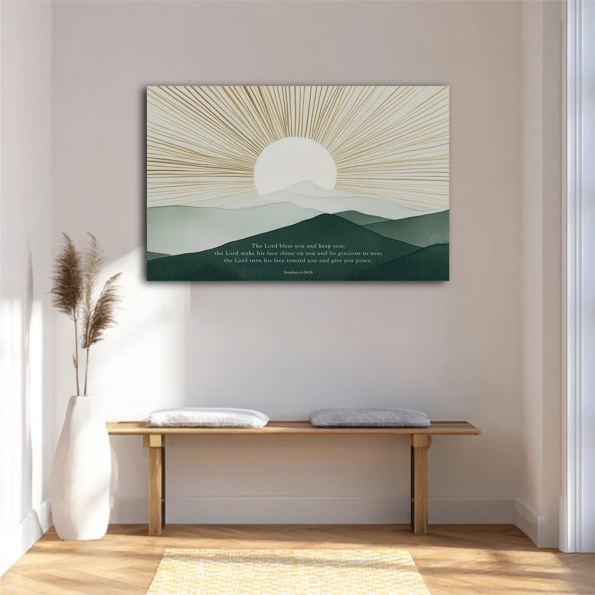a serene indoor setting with a wooden bench, a white vase, and a potted plant. Above the bench, there is a large canvas print depicting a sun-like design with mountains in the background. The print also includes a Bible verse from the book of Proverbs.