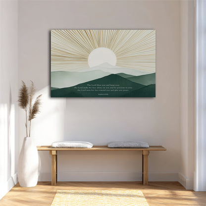 a serene indoor setting with a wooden bench, a white vase, and a potted plant. Above the bench, there is a large canvas print depicting a sun-like design with mountains in the background. The print also includes a Bible verse from the book of Proverbs.