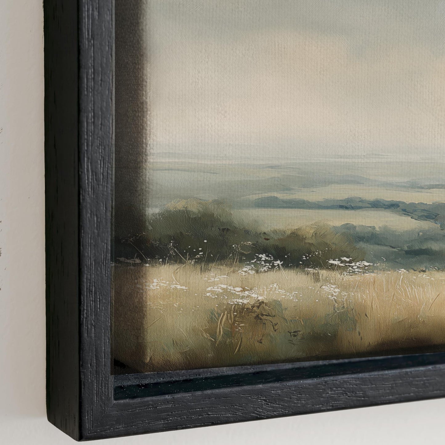 The image is a painting of a field with grass and flowers, set against a cloudy sky.
