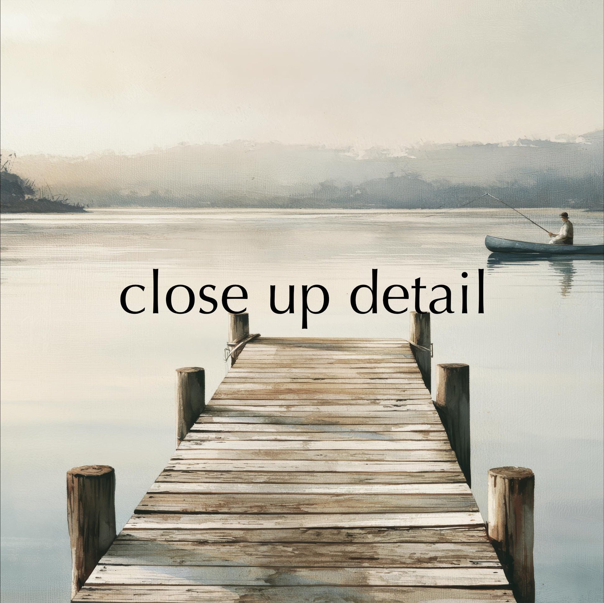 a wooden dock extending into a calm lake, with a person in a boat on the water.