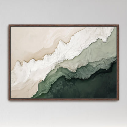 The image is a framed abstract painting depicting a landscape with a blend of green and white colors, creating a sense of depth and movement.