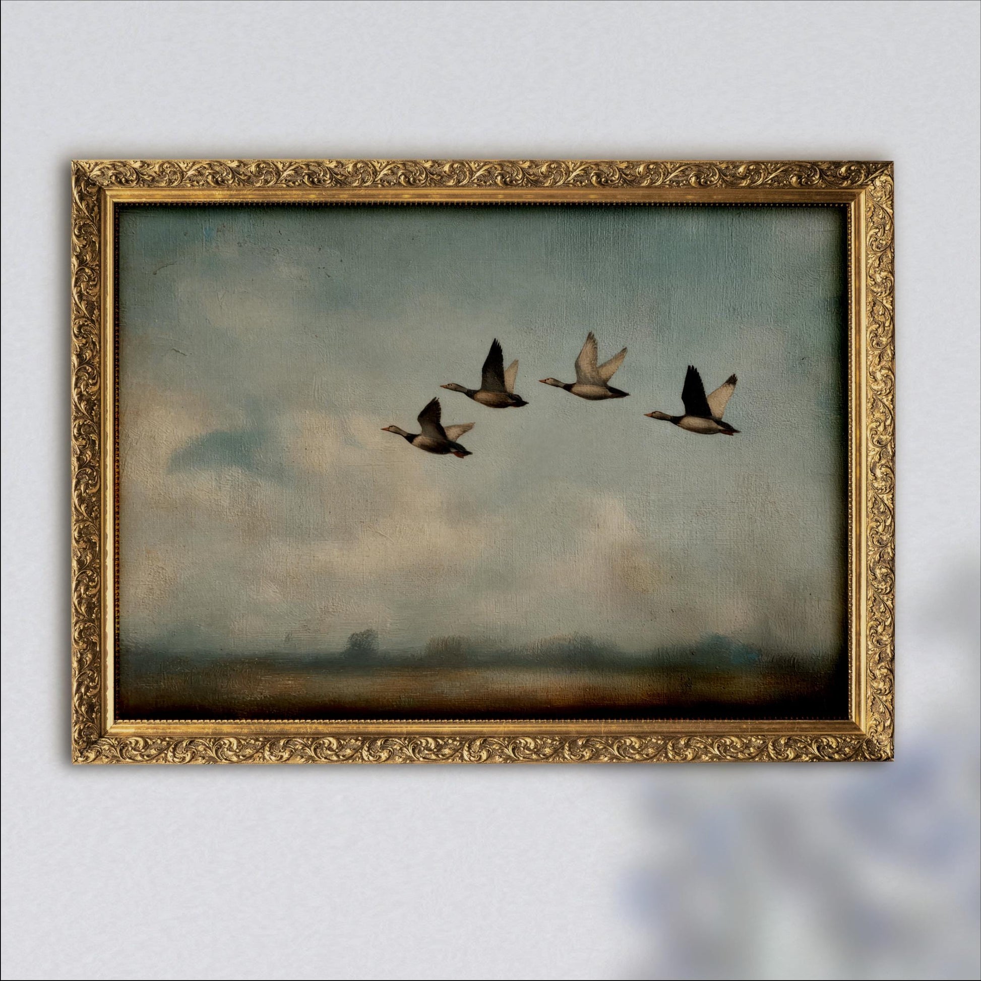 A painting of four ducks flying in a line against a cloudy sky.