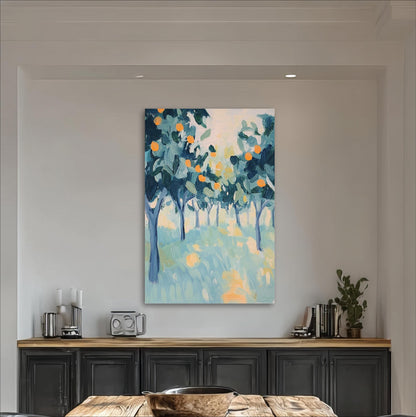 a large abstract painting of a tree-filled landscape hanging on a white wall above a wooden table with a black cabinet below it.