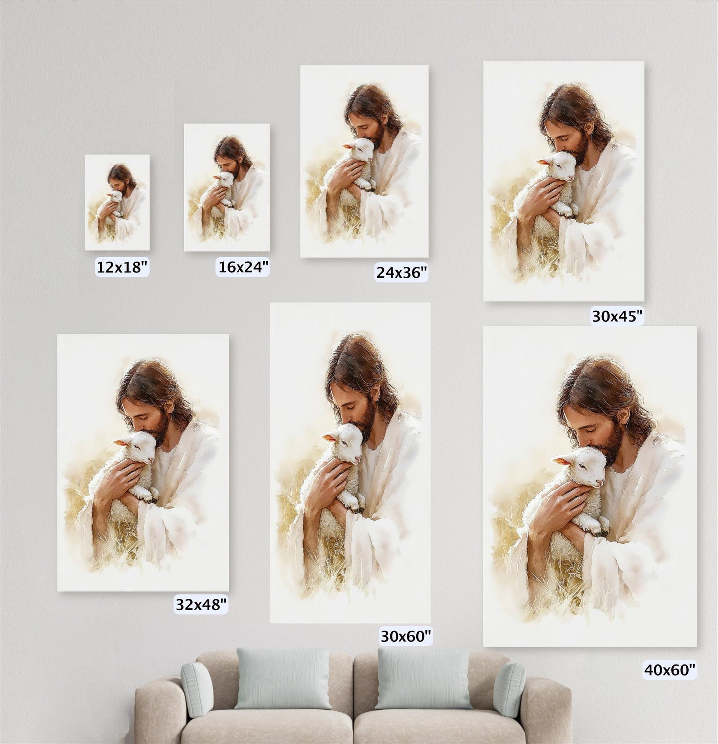 a series of framed artworks depicting Jesus Christ holding a lamb, with each artwork varying in size. The artworks are arranged on a wall, and there is a couch in the background.