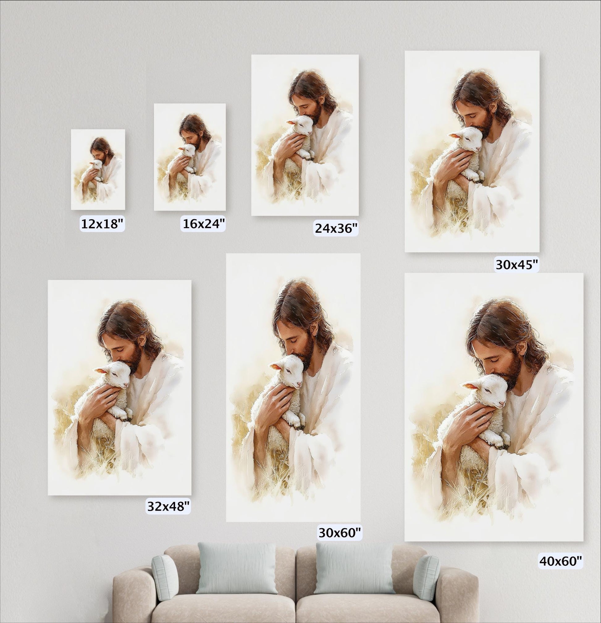 a series of framed artworks depicting Jesus Christ holding a lamb, with each artwork varying in size. The artworks are arranged on a wall, and there is a couch in the background.