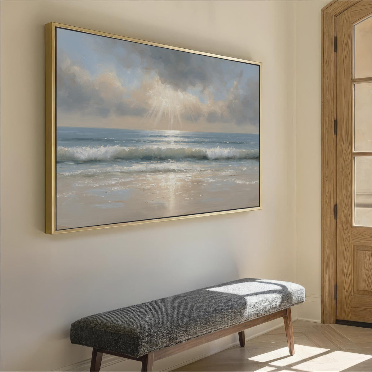 a large framed painting of a serene ocean scene with a bench in the foreground.