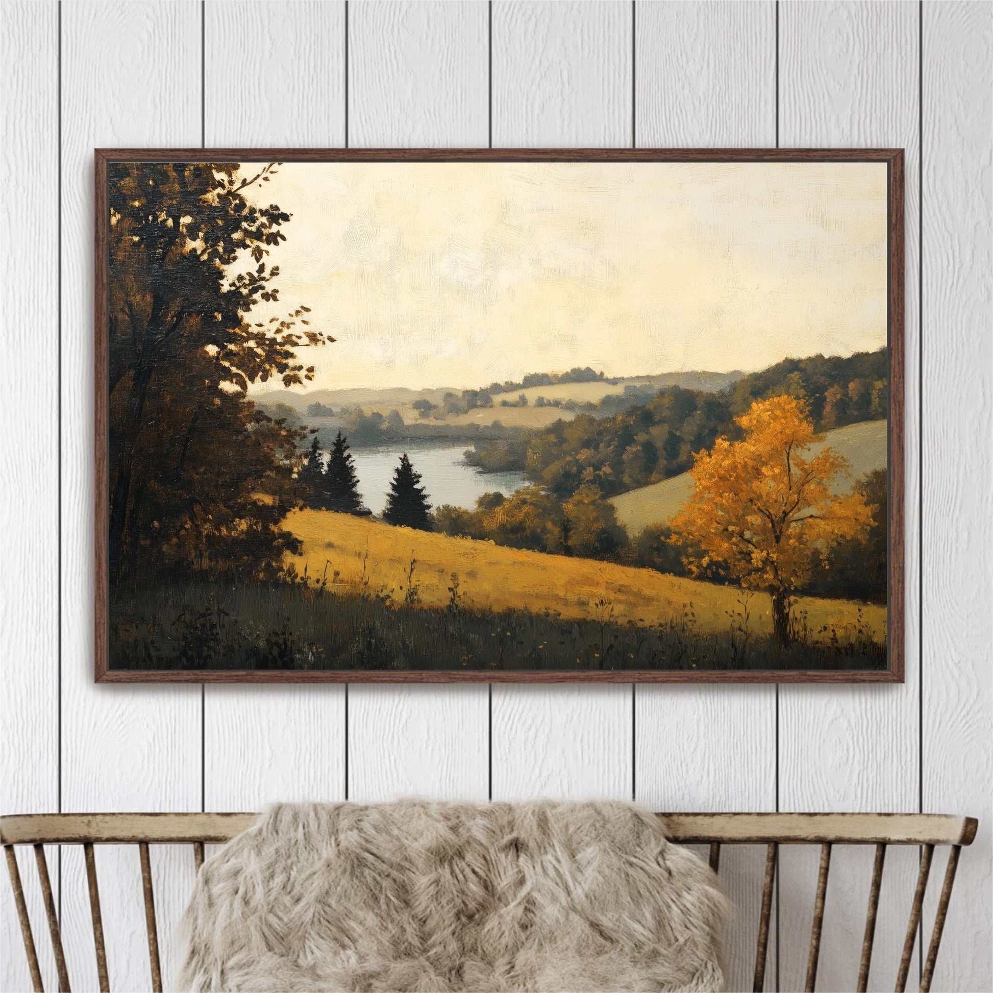 The image is a framed painting depicting a serene landscape with a river, trees, and a field of yellow flowers.