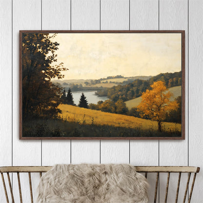 The image is a framed painting depicting a serene landscape with a river, trees, and a field of yellow flowers.