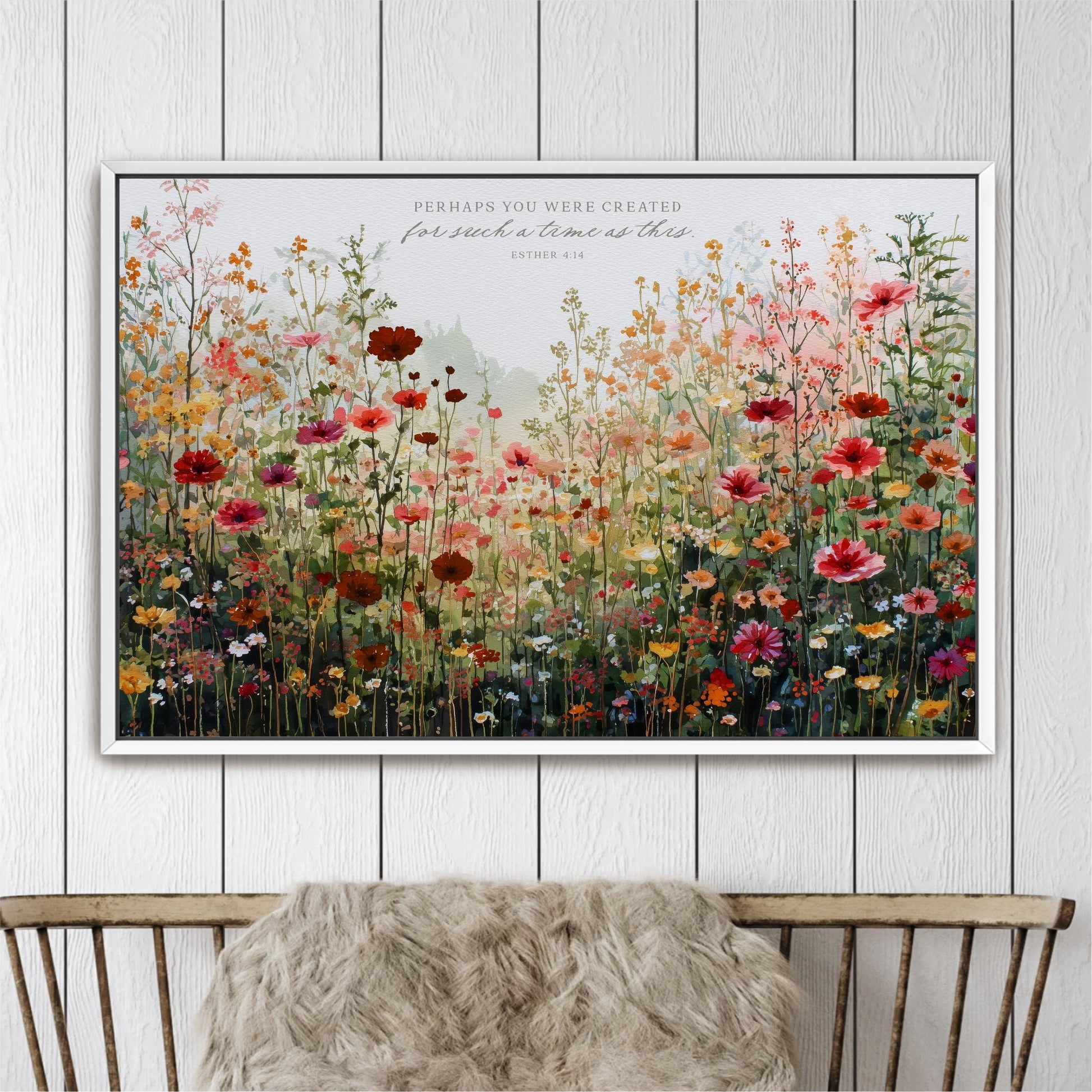 The image is a framed print of a vibrant, colorful garden scene with various flowers and plants.
