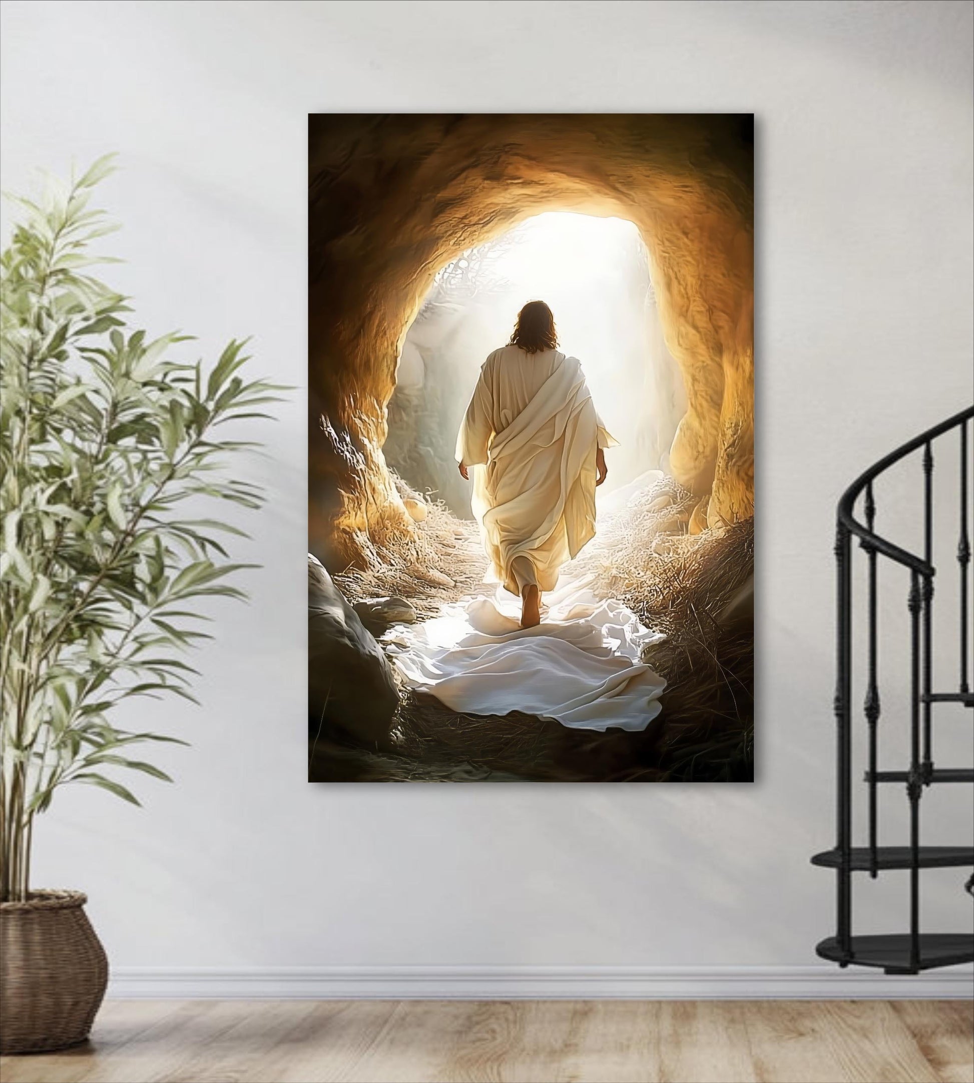 a person in a white robe walking through a tunnel, with a bright light at the end of the tunnel, suggesting a religious or spiritual theme.