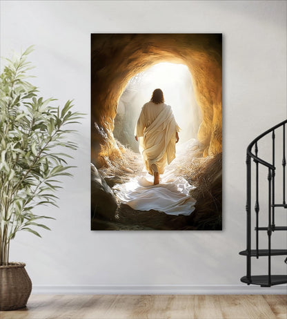 a person in a white robe walking through a tunnel, with a bright light at the end of the tunnel, suggesting a religious or spiritual theme.