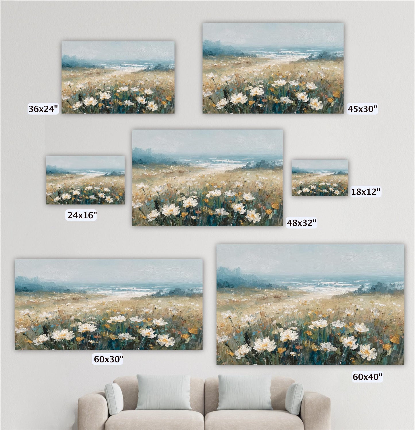 a collection of six landscape paintings, each depicting a field of flowers. The paintings vary in size, ranging from 36x24" to 48x32". The paintings are arranged in a grid format, with each row representing a different size. The paintings are displayed against a white wall, and there is a couch in the foreground.