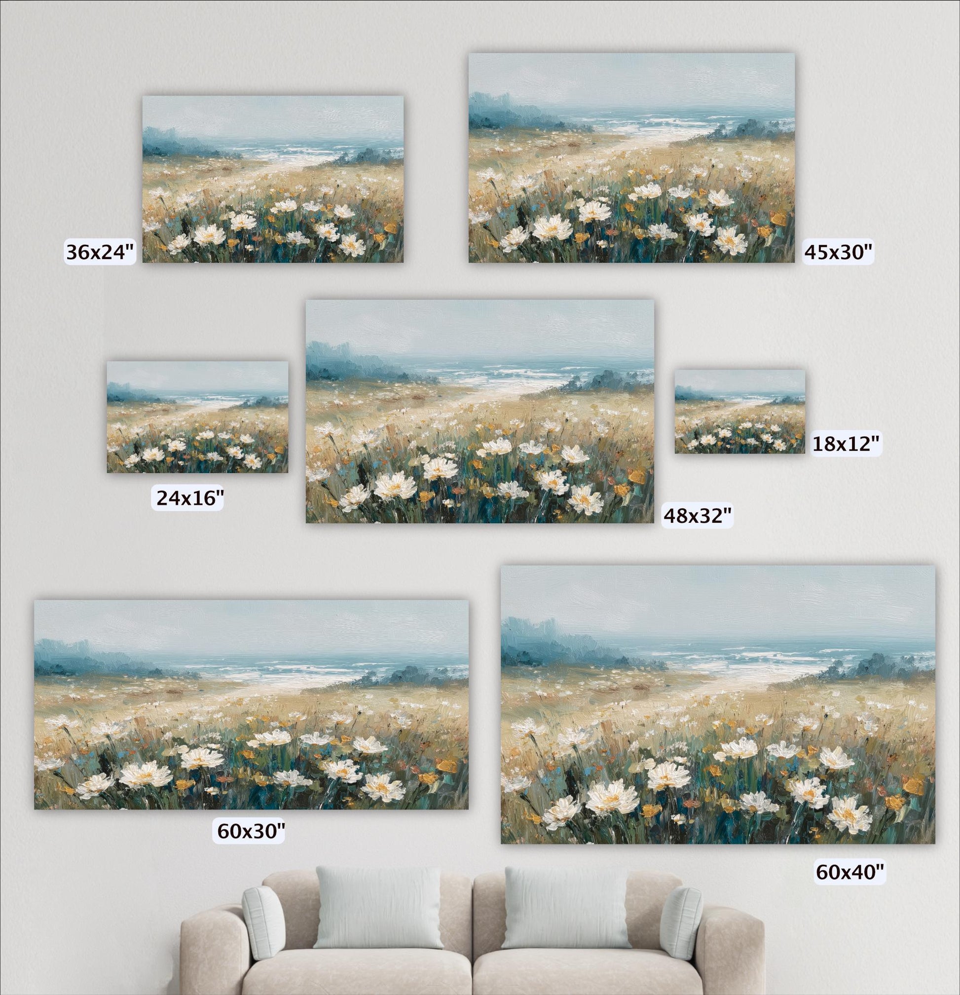 a collection of six landscape paintings, each depicting a field of flowers. The paintings vary in size, ranging from 36x24" to 48x32". The paintings are arranged in a grid format, with each row representing a different size. The paintings are displayed against a white wall, and there is a couch in the foreground.