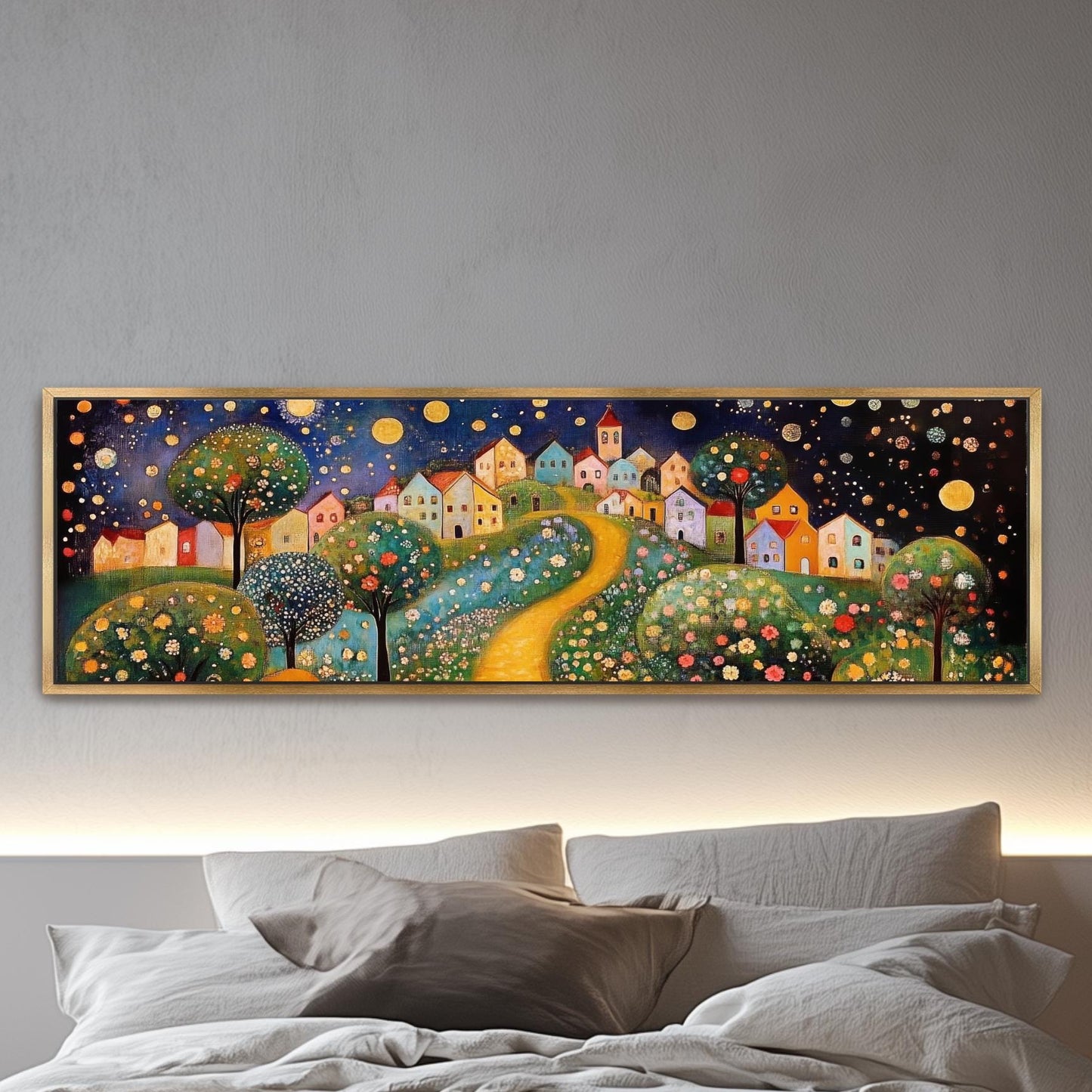 whimsical colorful village at night trees, moons flowers