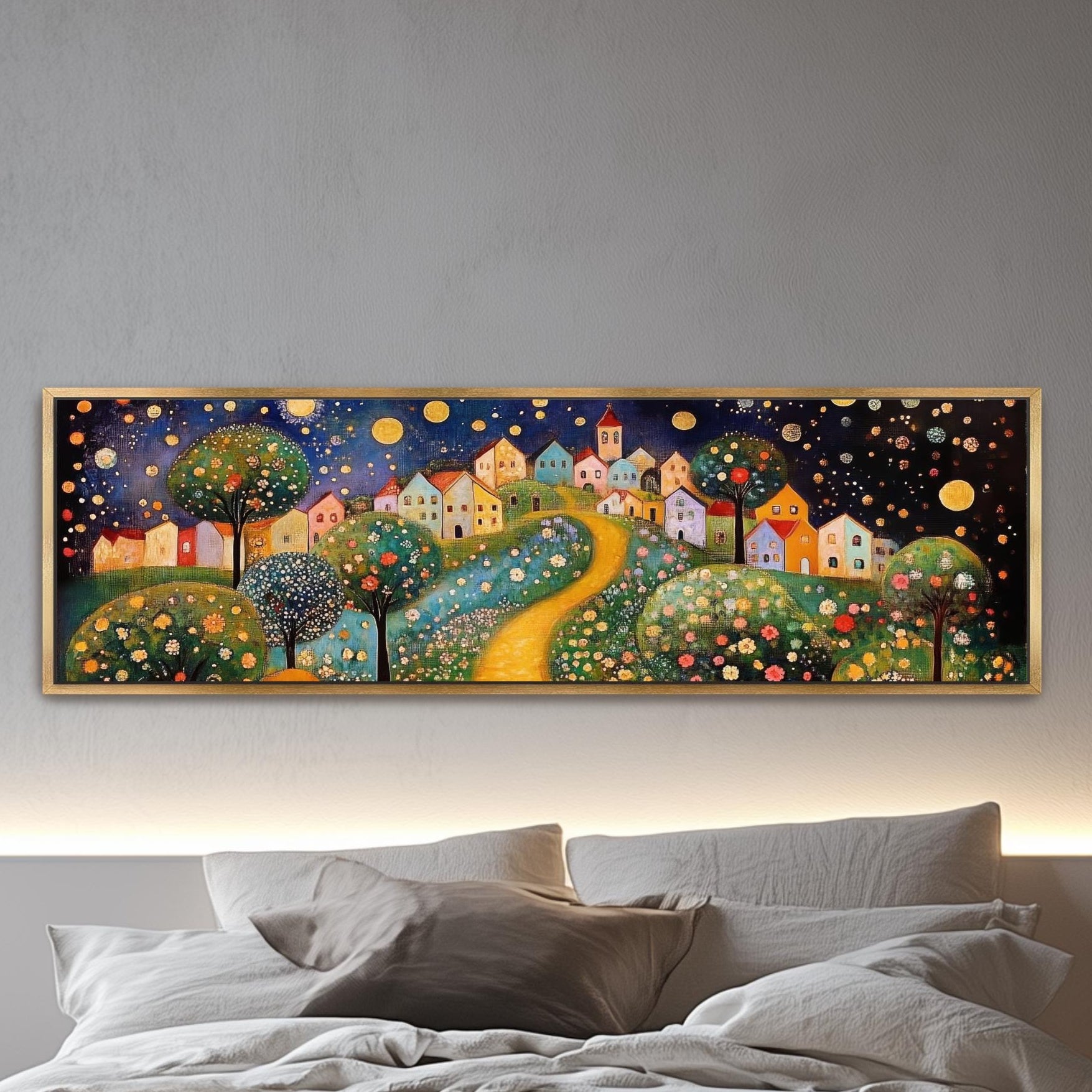 whimsical colorful village at night trees, moons flowers