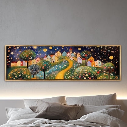 whimsical colorful village at night trees, moons flowers