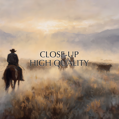 A cowboy on horseback is riding through a foggy field, with the text "CLOSE-UP HIGH QUALITY" overlaid on the image.