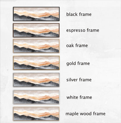 six different frames, each with a mountain landscape, arranged in a row. The frames are labeled with the following descriptions: black frame, espresso frame, oak frame, gold frame, silver frame, and white frame. The frames are arranged in a descending order from top to bottom, starting with the black frame and ending with the white frame.