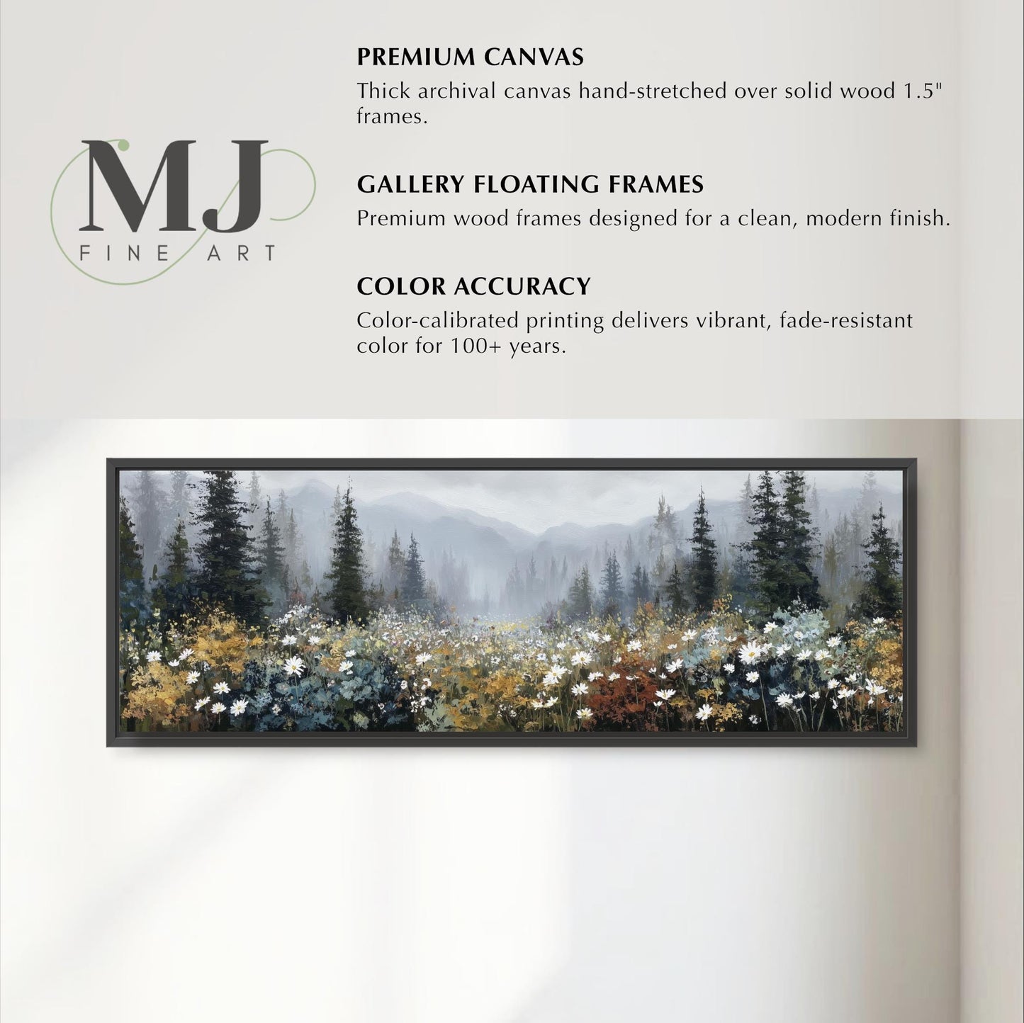 The image is a promotional poster for a fine art gallery featuring a painting of a forest with flowers. The poster highlights the gallery's premium canvases and gallery floating frames, which are designed for a clean, modern finish. The color accuracy of the color-calibrated printing ensures vibrant, fade-resistant color for 100+ years.