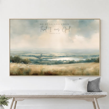 Scripture Art Framed, Be Still and Know that I am God, Countryside Modern Farmhouse, Large Canvas Print Artwork Psalm 46:10 Shipped