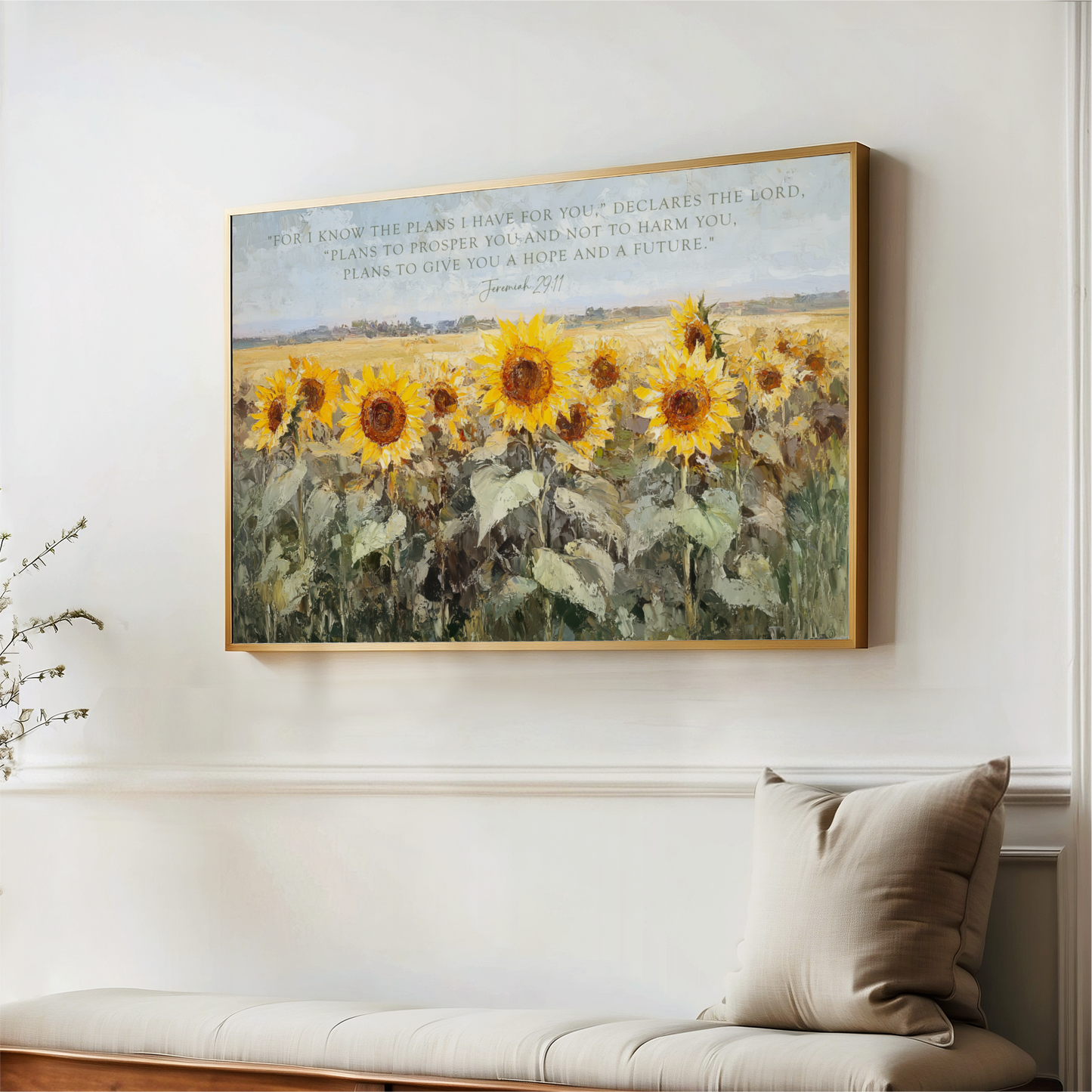 a painting of a field of sunflowers hanging on a wall.