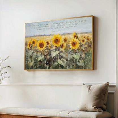 a painting of a field of sunflowers hanging on a wall.