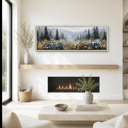 a cozy living room with a fireplace, a coffee table, and a painting of a forest landscape above it. The room has a minimalist and modern design, with a large window providing natural light and a view of the outdoors.