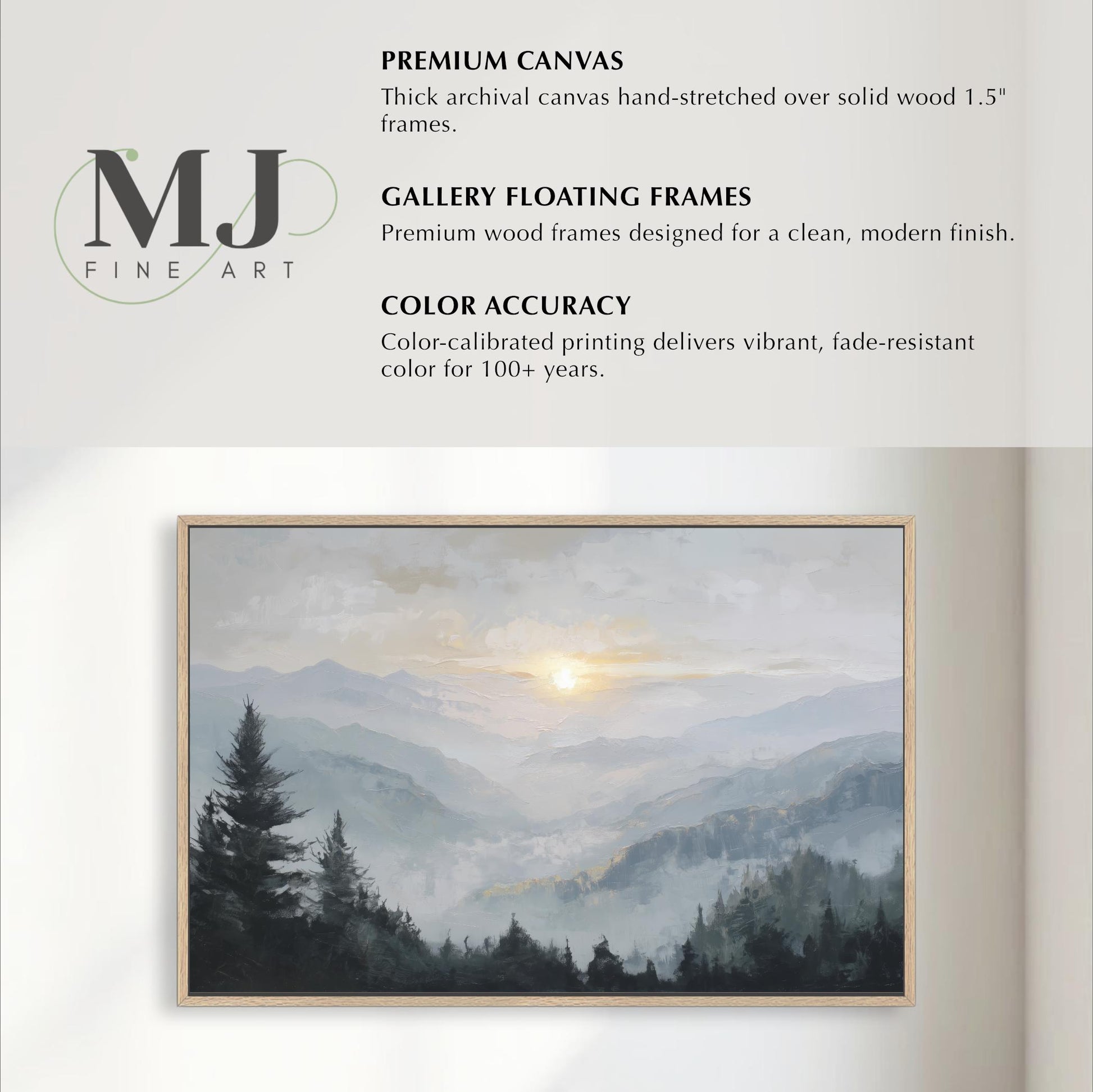 The image is a painting of a forest scene with mountains in the background.