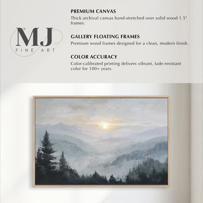 The image is a painting of a forest scene with mountains in the background.