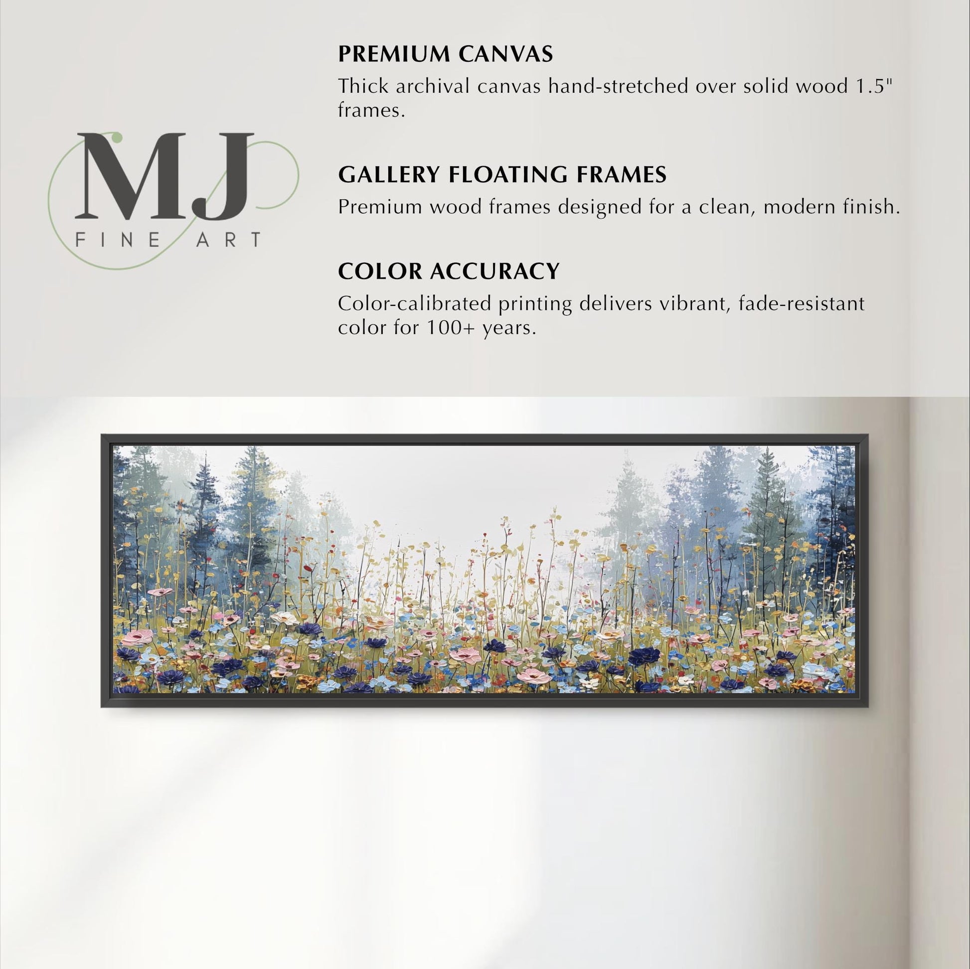 The image is a collage of various images, including a painting of a field of flowers and a forest scene. The collage is framed by a black border and is displayed on a white wall.