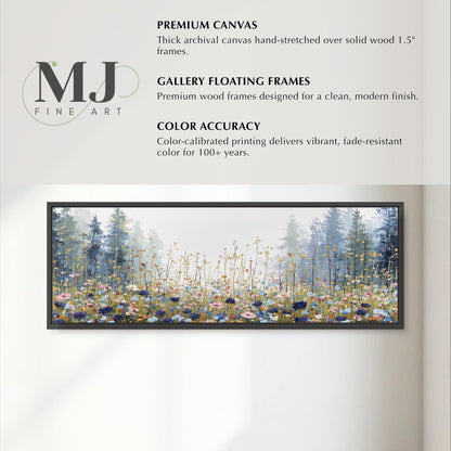 The image is a collage of various images, including a painting of a field of flowers and a forest scene. The collage is framed by a black border and is displayed on a white wall.
