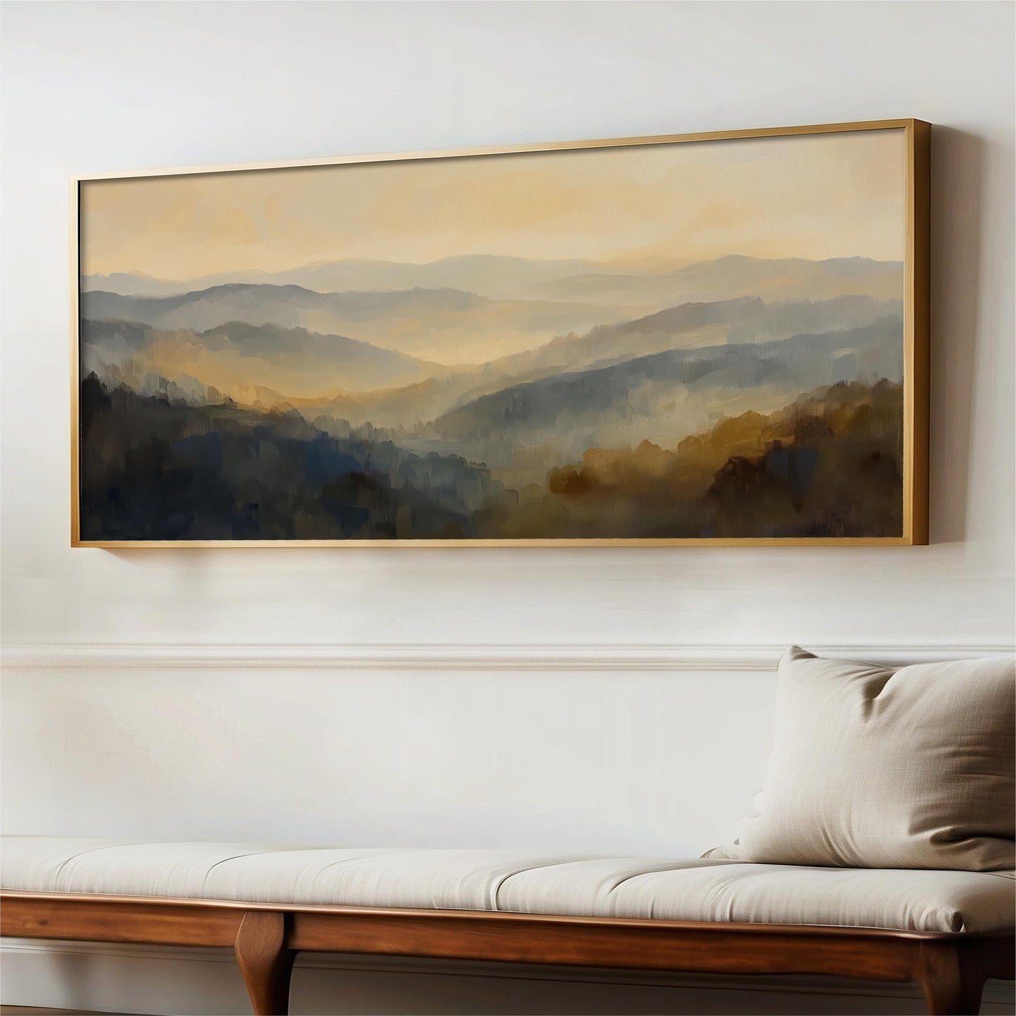 a large landscape painting hanging on a wall above a wooden bench.