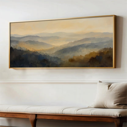 a large landscape painting hanging on a wall above a wooden bench.