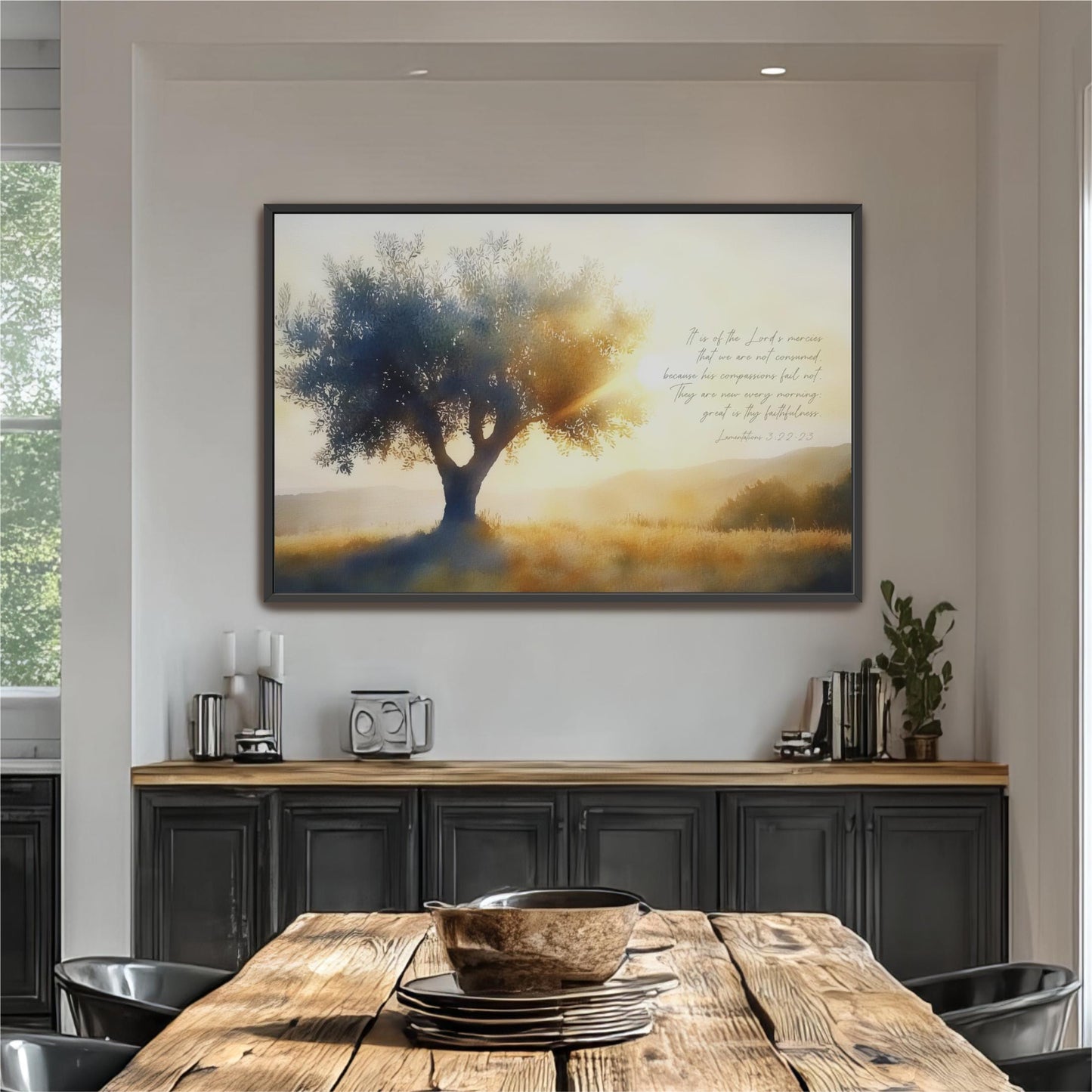 a large framed painting of a tree with a warm, golden glow in the background, hanging on a wall above a wooden dining table with a bowl on it.