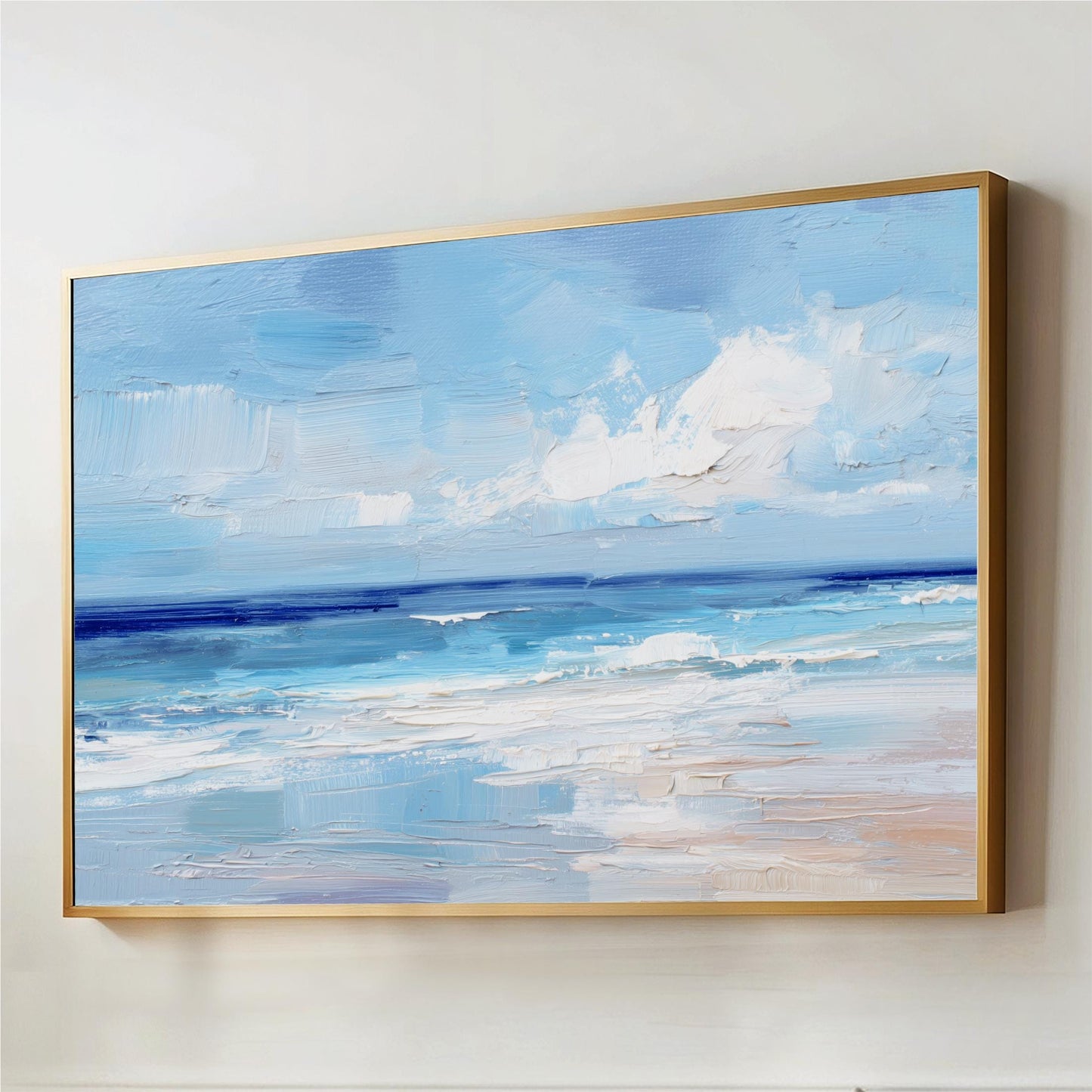 The image is a framed painting depicting a serene ocean scene with a blue sky and white clouds.