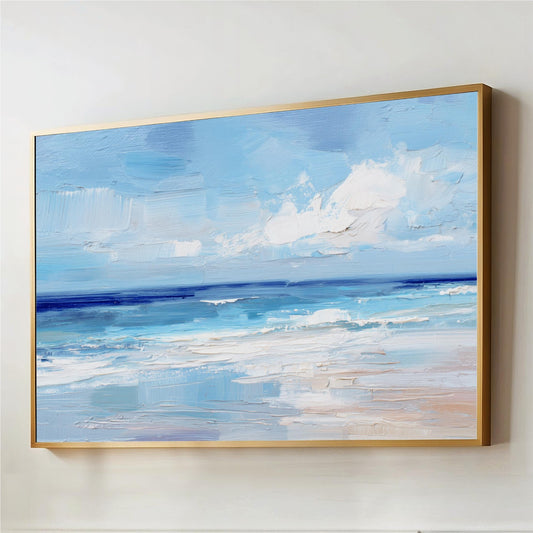The image is a framed painting depicting a serene ocean scene with a blue sky and white clouds.