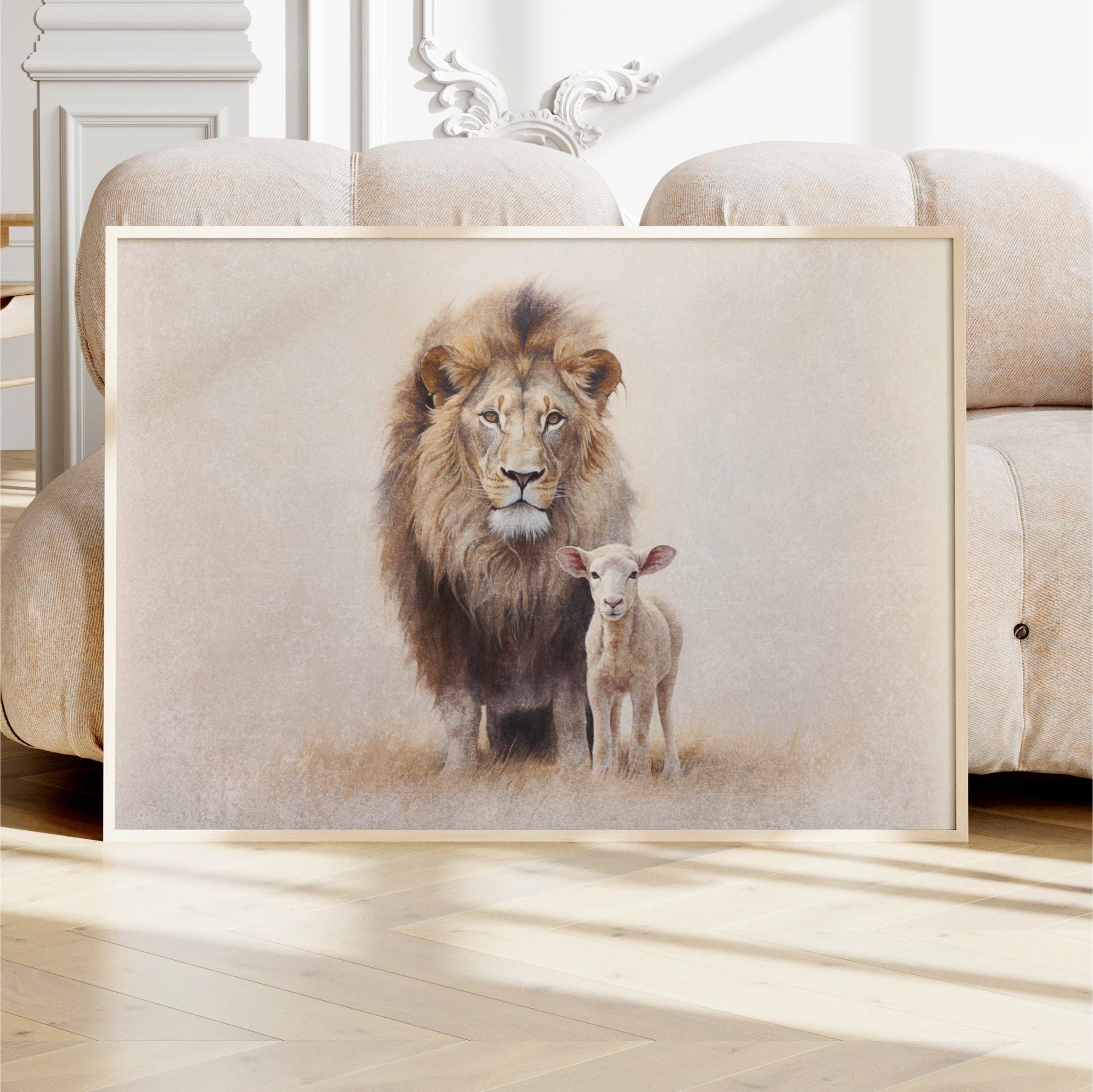 A framed painting depicting a lion standing next to a lamb in a natural setting.