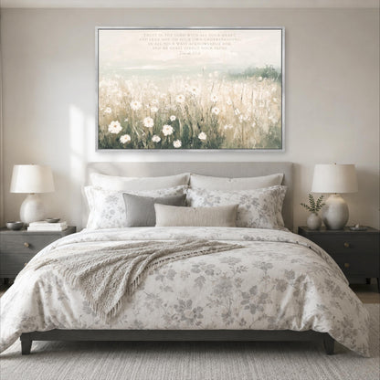 a serene bedroom scene with a large bed adorned with a floral comforter and pillows, flanked by two nightstands with lamps. Above the bed, a large framed print of a field of flowers serves as a decorative focal point.